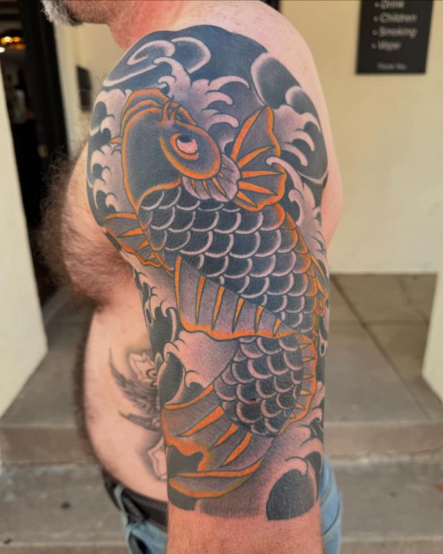 Really enjoyed this koi 
All healed except the gold . 
Going to do the matching one going down in other arm . 
.
.
.
#mdwtattoos #livingcanvastattoos #solidink#truetubes #obakesumi #bodysuittattoo#japanestattoo  #japanesetattoos#irezumi #irezumicollective#azjapanesetattooers#arizonajapanesetattooartists
#tattoo#tempe#tempetattoos  #millave#arizonatattoos#aztattoo #aztattooer #aztattoos#asu#az #tattoodo
#tattoos#tattooing#tattooink#tattooartist #tattooist #tattooer#tattoosofinstagram